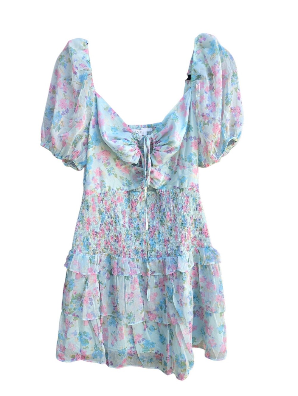 ASTR the Label Mint Multi Floral Chiffon Smocked Ruffle Mini Dress L - Picture 2 of 7